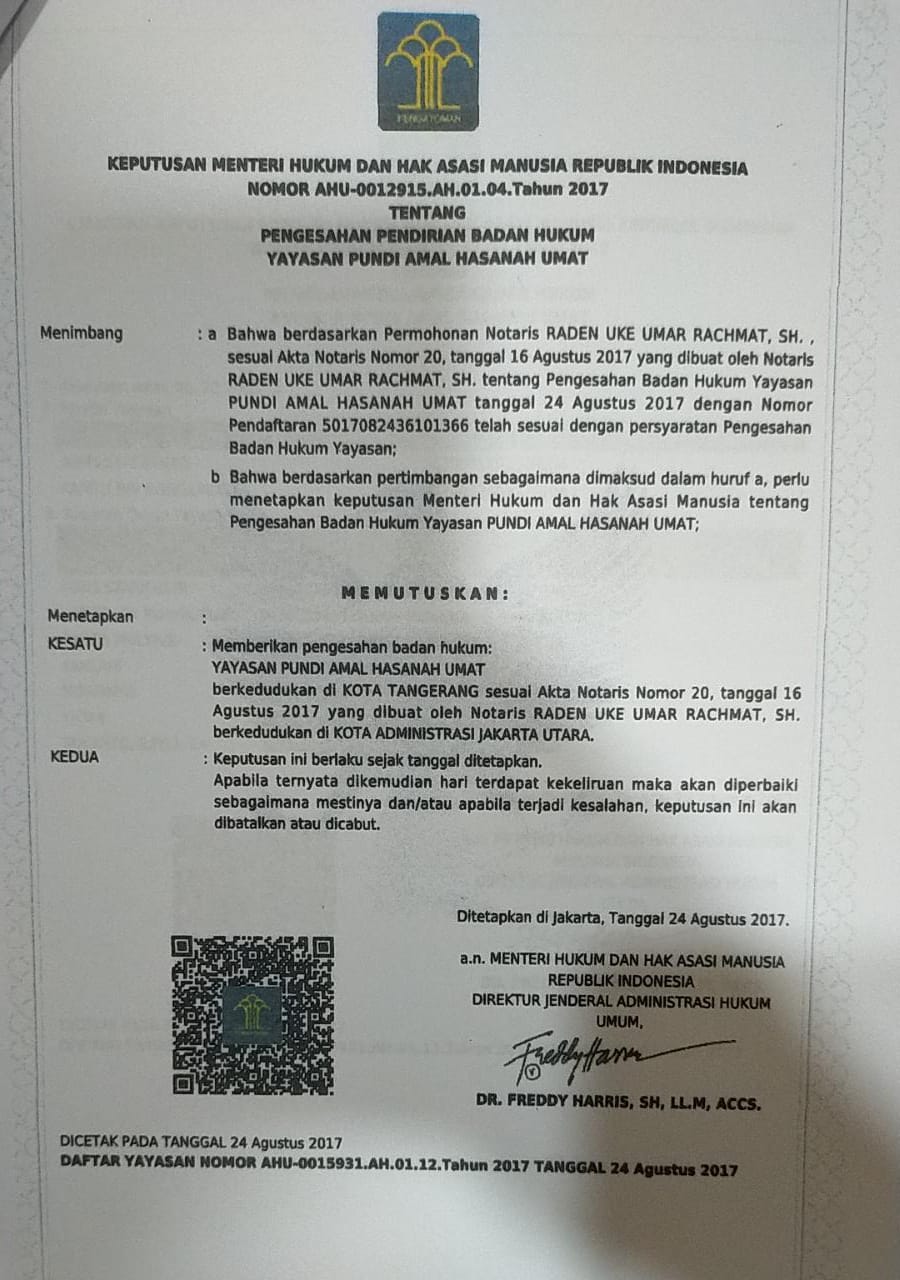 SK AHU Kemenkumham RI Yayasan Peduli Amal Hasan