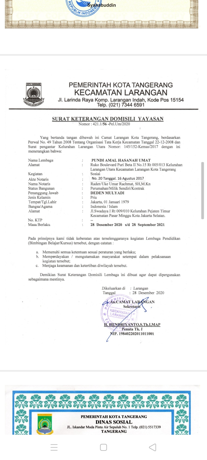 Surat Keterangan Domisili Yayasan Peduli Amal Hasan